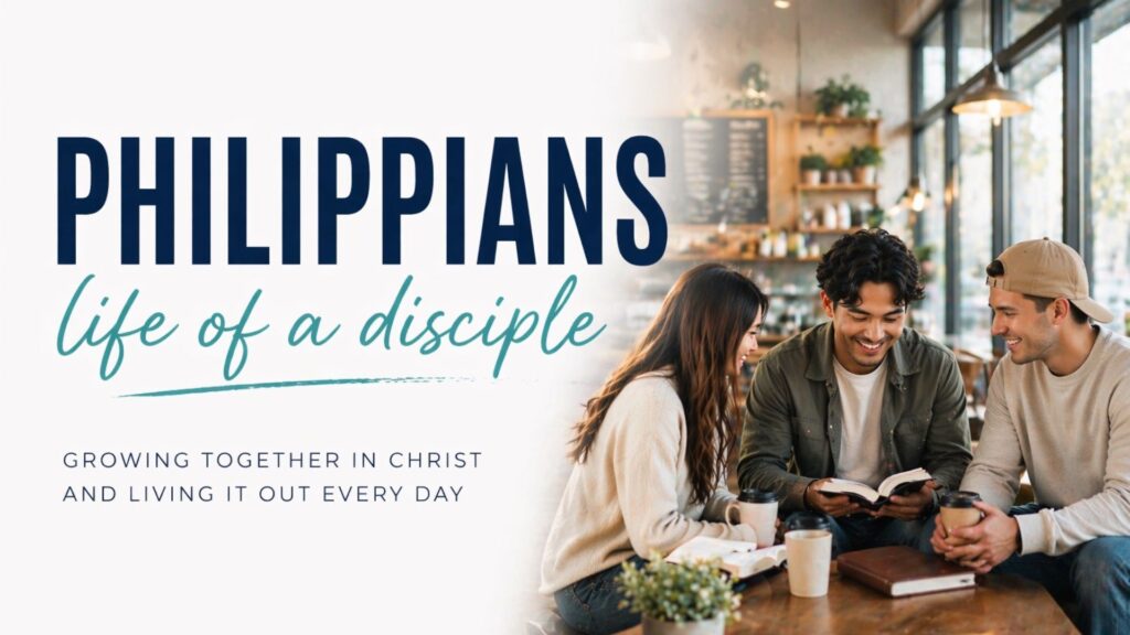 Philippians sermon series graphic with three people studying the Bible together in a coffee shop. Text reads: "Philippians: Life of a Disciple – Growing Together in Christ and Living It Out Every Day."