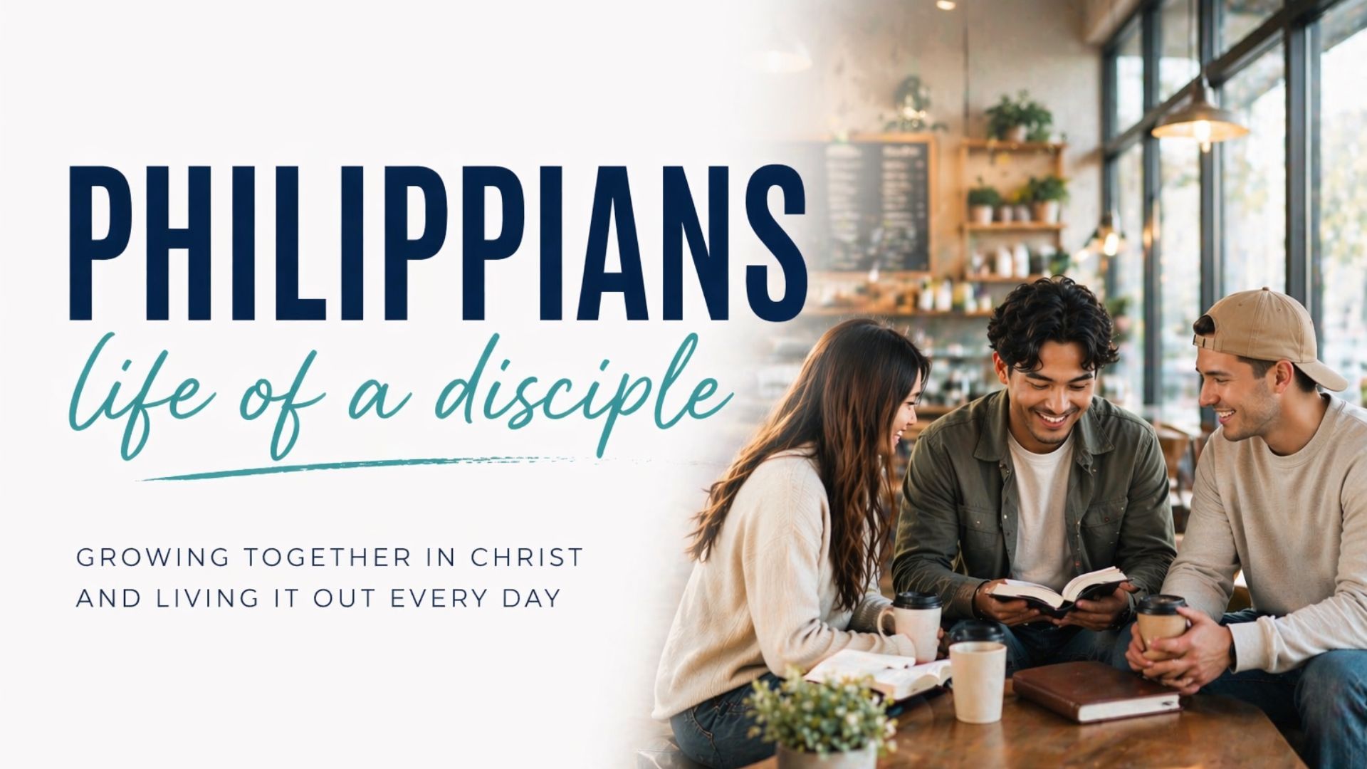 Philippians sermon series graphic with three people studying the Bible together in a coffee shop. Text reads: "Philippians: Life of a Disciple – Growing Together in Christ and Living It Out Every Day."