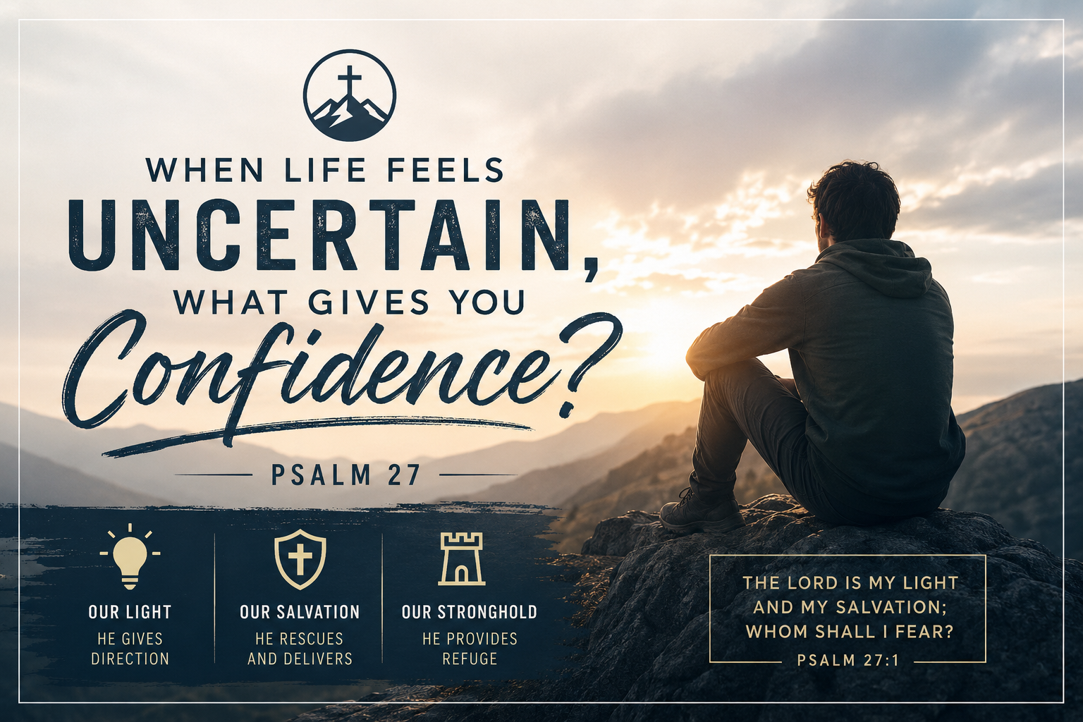 Person sitting on a mountain overlook at sunrise, reflecting on Psalm 27 and finding confidence in God during uncertain times.