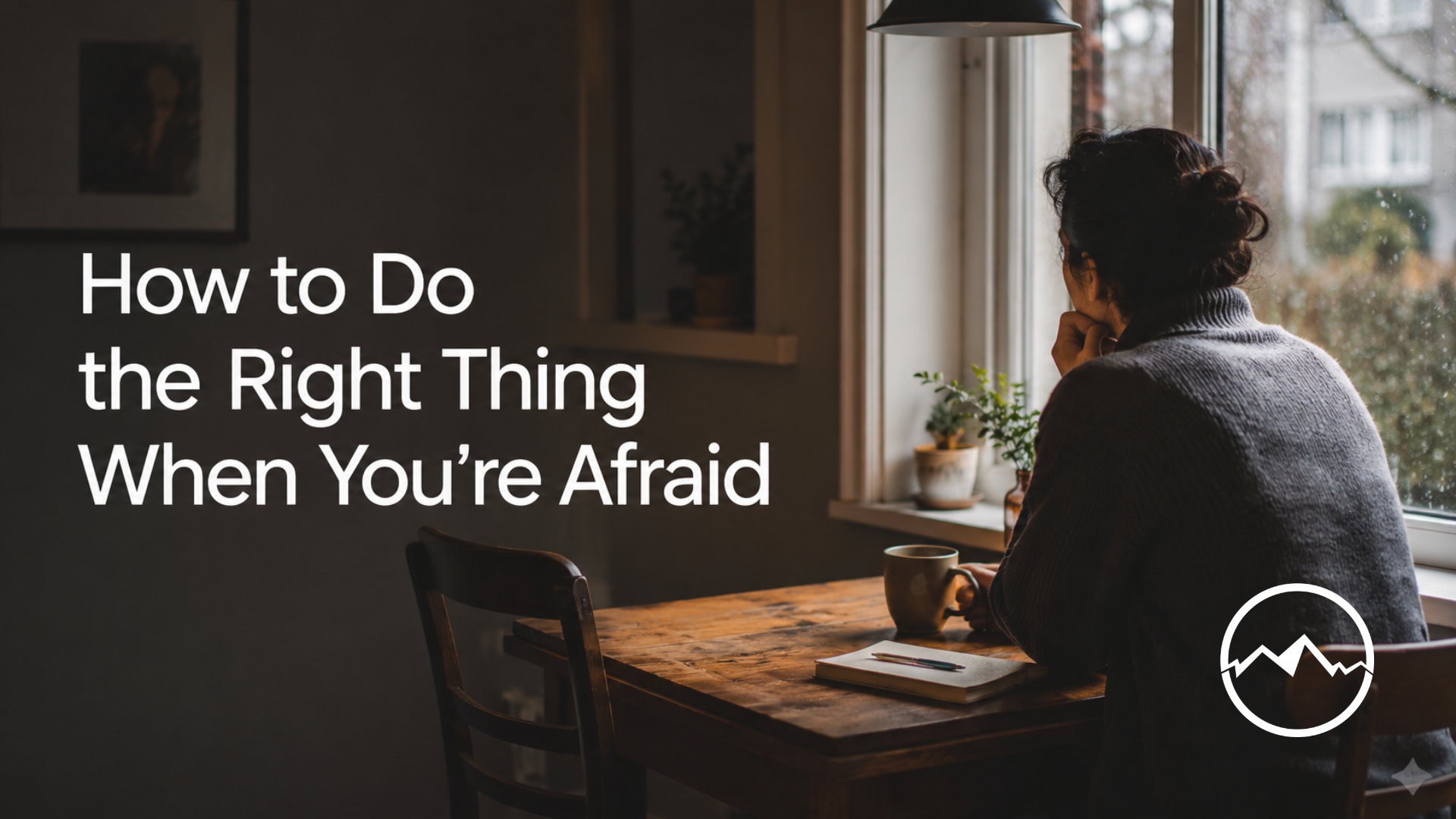 Woman sitting thoughtfully at a kitchen table beside an empty chair, with the words “How to Do the Right Thing When You’re Afraid.”