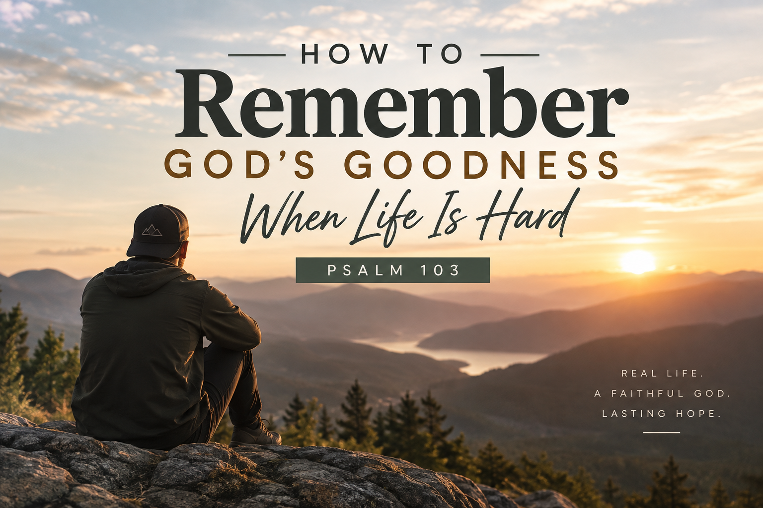 Man overlooking a mountain valley at sunset with the words “Remember God’s Goodness When Life Is Hard – Psalm 103.”